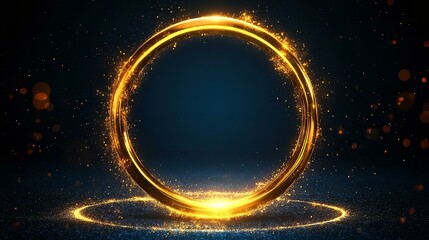 Abstract golden ring with radiant light on blue canvas