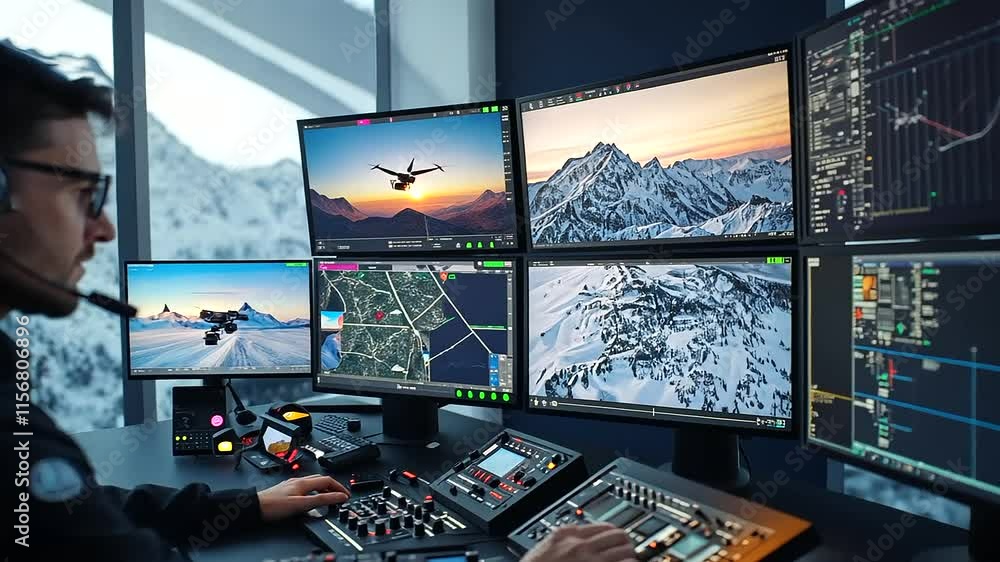 Poster a pilot adjusts controls in a simulator with multiple monitors showing a sunset flight over rugged t