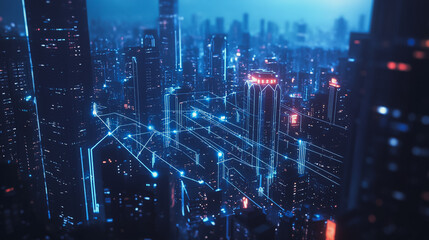 Smart digital Innovation city with connection network reciprocity over the cityscape. of future smart wireless city and social media networking systems that connects business people with in city
