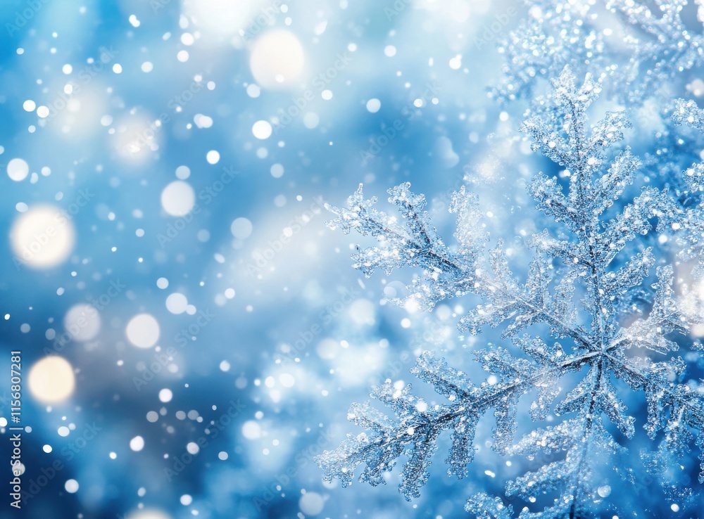 Poster stunning close-up of a frosted snowflake on a dreamy blue background with soft bokeh effect creating