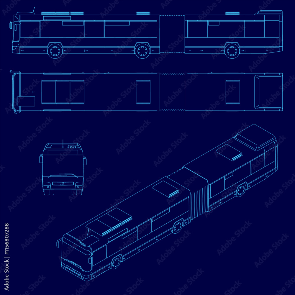 Poster blue bus with a roof and a stripe. the bus is shown in different angles and is a model of a bus