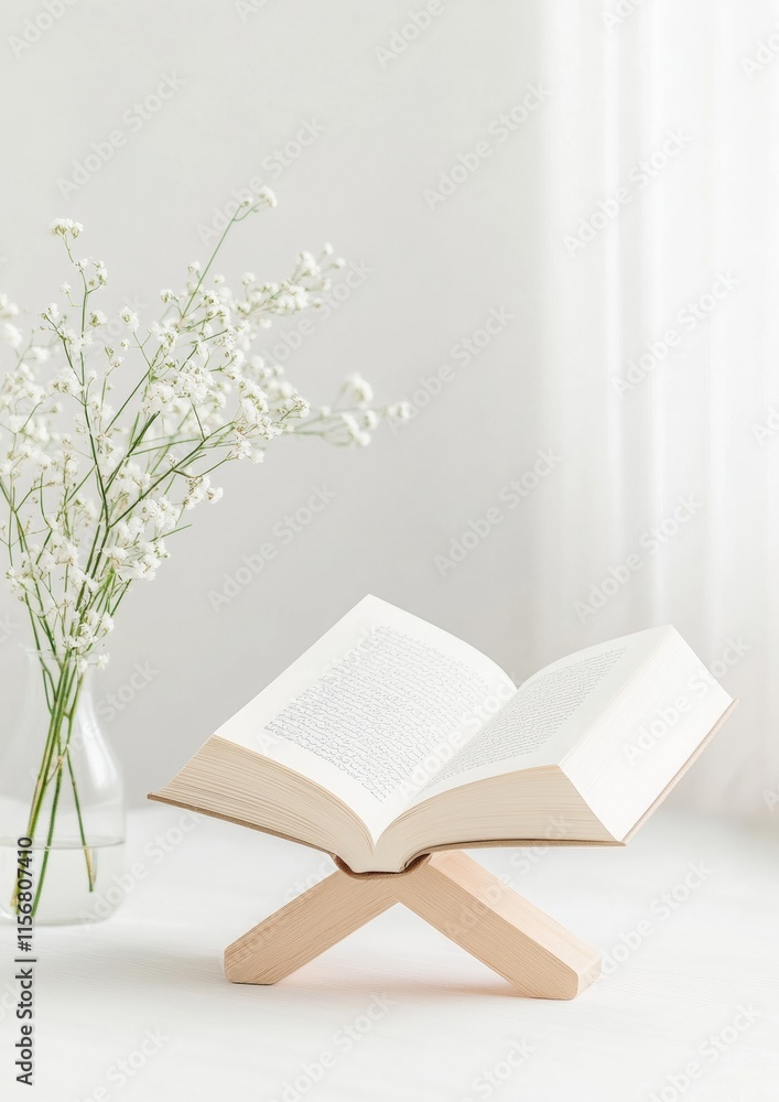 Poster serene open quran on wooden stand with delicate flowers in minimalist setting