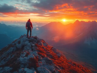 Fototapeta premium A person stands atop a mountain, gazing at a breathtaking sunset. The sky is ablaze with orange and red hues, casting a warm glow over the rugged landscape.