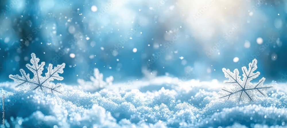 Poster stunning close-up of snowflakes on a soft layer of snow with sparkling light reflections creating a 