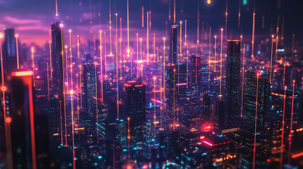 Obraz premium Smart digital Innovation city with connection network reciprocity over the cityscape. of future smart wireless city and social media networking systems that connects business people with in city