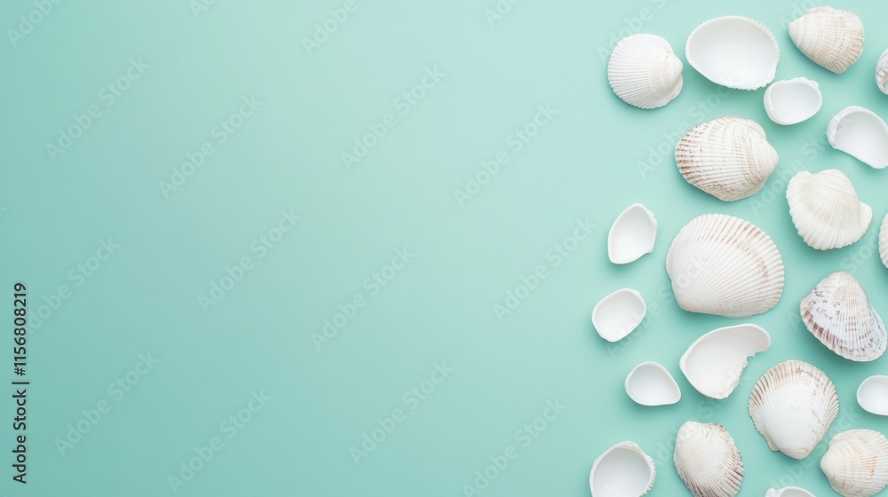 Poster delicate seashell arrangement on aqua background coastal minimalism in stock