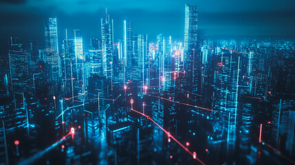 Fototapeta premium Smart digital Innovation city with connection network reciprocity over the cityscape. of future smart wireless city and social media networking systems that connects business people with in city