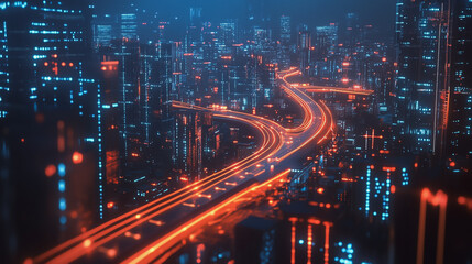 Fototapeta premium Smart digital Innovation city with connection network reciprocity over the cityscape. of future smart wireless city and social media networking systems that connects business people with in city