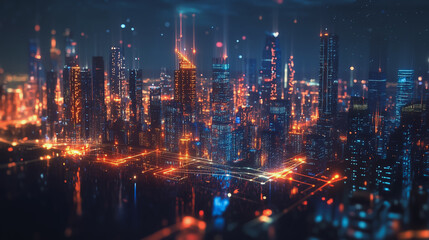 Obraz premium Smart digital Innovation city with connection network reciprocity over the cityscape. of future smart wireless city and social media networking systems that connects business people with in city