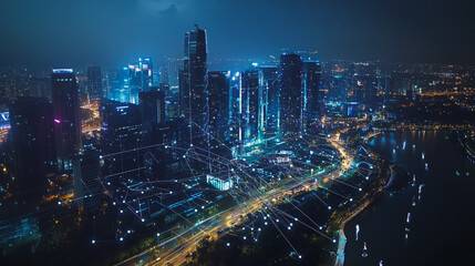 Obraz premium Smart digital Innovation city with connection network reciprocity over the cityscape. of future smart wireless city and social media networking systems that connects business people with in city