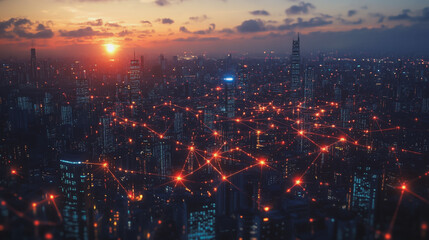 Fototapeta premium Smart digital Innovation city with connection network reciprocity over the cityscape. of future smart wireless city and social media networking systems that connects business people with in city