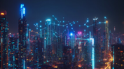 Fototapeta premium Smart digital Innovation city with connection network reciprocity over the cityscape. of future smart wireless city and social media networking systems that connects business people with in city