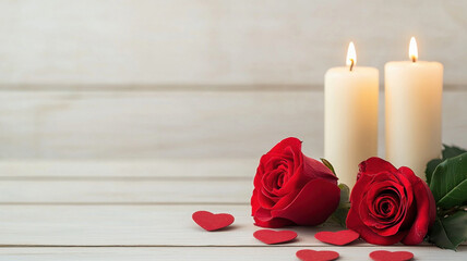 Valentine theme, Romantic red roses and candles create warm, loving atmosphere