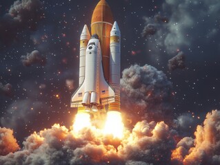 Obraz premium A powerful space rocket launches from a laptop screen, blending digital innovation with aerospace exploration in a dramatic, cinematic scene.