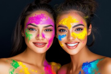 Obraz premium Two women with colorful face paint and smiling. Scene is cheerful and fun. The idea behind the image is to showcase the beauty of colorful face paint and the joy it brings to people
