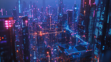 Fototapeta premium Smart digital Innovation city with connection network reciprocity over the cityscape. of future smart wireless city and social media networking systems that connects business people with in city