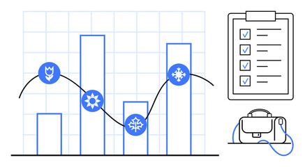 Obraz premium Bar graph with seasonal icons, line graph overlay, checklist with checkmarks, and briefcase. Ideal for business planning, market analysis, project management, workflow optimization, seasonal trends