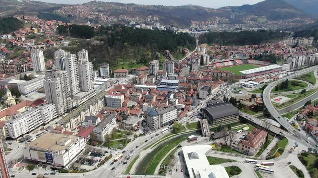 Aerial View of Uzice. Beautiful City Near Touristic Place Zlatibor. Drone Shot