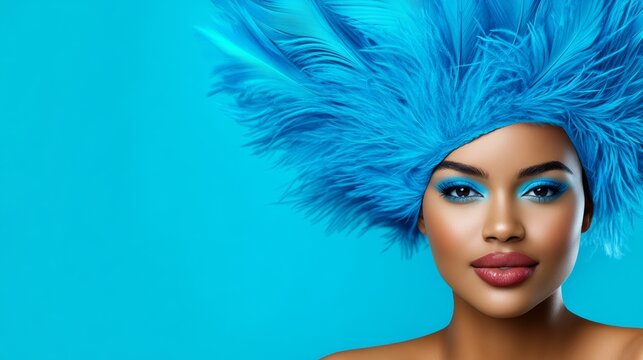 Woman with blue hair and a blue feather headpiece. The woman is smiling and has a bright, happy expression
