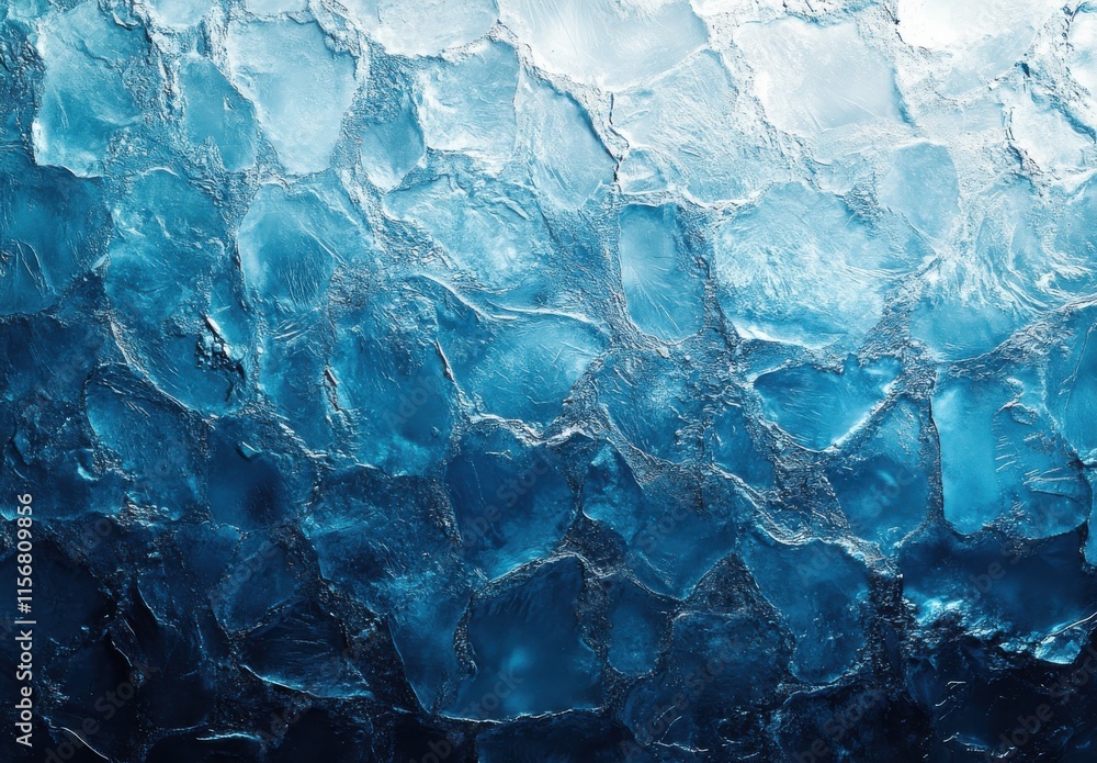 Poster textured blue ice surface with shimmering light reflecting, captivating abstract pattern of ice crys