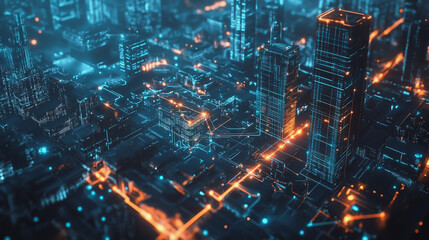 Obraz premium Smart digital Innovation city with connection network reciprocity over the cityscape. of future smart wireless city and social media networking systems that connects business people with in city
