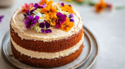 Close up of a carrot cake topped with edible flowers, placed on a ceramic plate with soft, diffused lighting