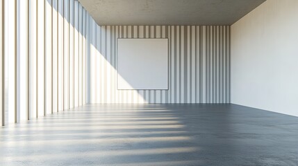 Modern interior with blank white poster on a striped wall, concrete floor, and soft lighting in a spacious room. 3D Rendering , 8k Resolution