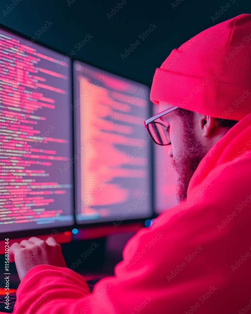 Poster Focused Coder in Neon Red Light Analyzing Code on Multiple Monitors