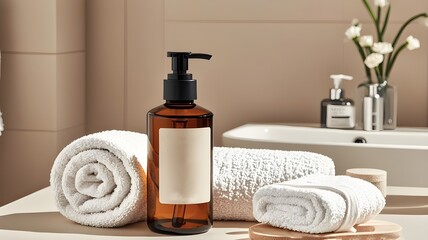 fake soap bottle without label in bathroom with white towel decoration