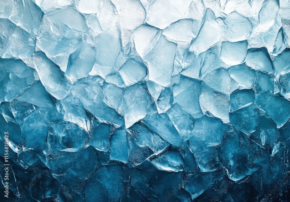 Poster textured ice background featuring irregular fragments of transparent and blue ice with reflections a