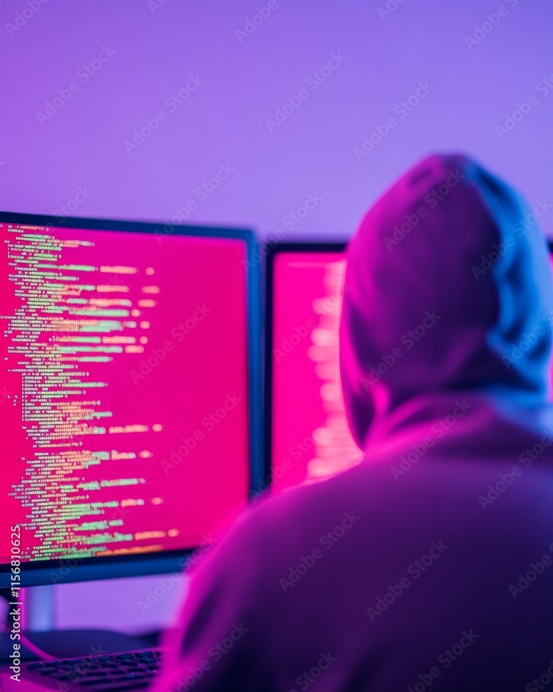 Leinwandbilder Nighttime Coder in Hoodie Working on Multiple Screens in a Dark, High-Tech Environment