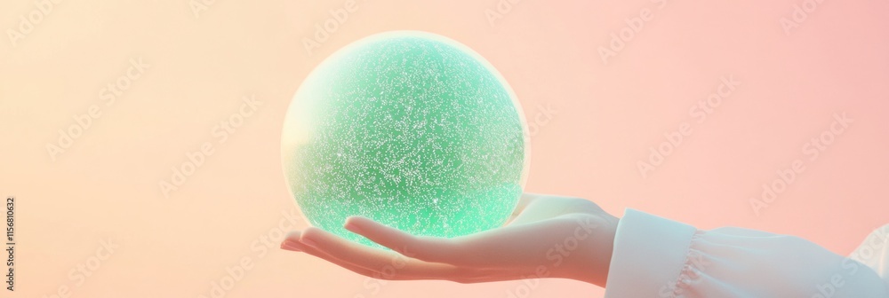 Poster futuristic interaction with a glowing sphere in a dreamy pastel background