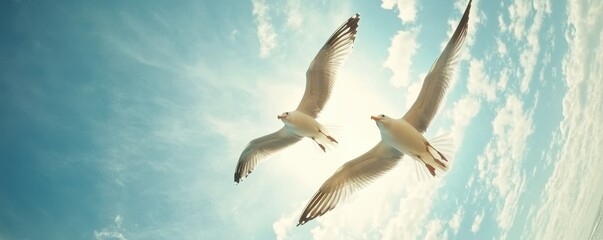 Pair of seagulls flying in the blue sky