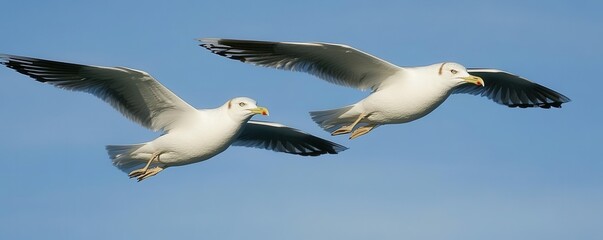 Obraz premium Pair of seagulls flying in the blue sky
