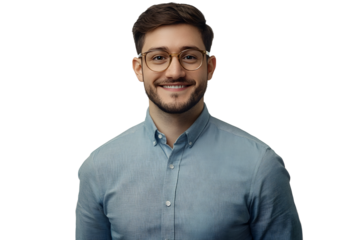 Smart businessman smiling at camera, wearing trendy transparent glasses