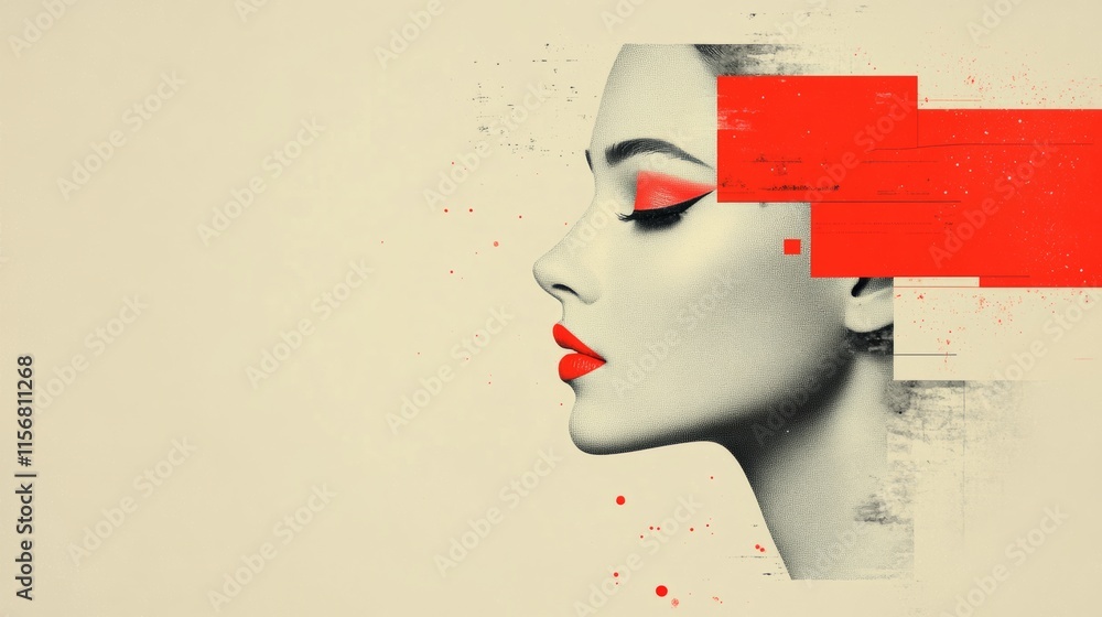 Aufkleber woman's face is drawn in red and white with a red line running through it. the image has a bold and 