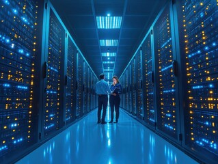 Two IT engineers stand in a high-tech data center, discussing network operations surrounded by illuminated server racks.