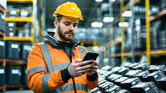 A worker holding a smartphone with battery recycling guidelines displayed, while managing a collection of used batteries