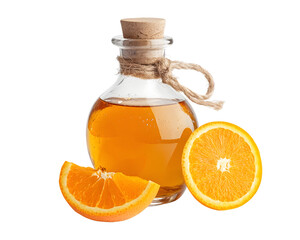 Amber Liquid in Glass Bottle with Orange Slices Isolated On A White Background, PNG Transparent