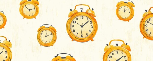 Pattern of yellow vintage alarm clocks