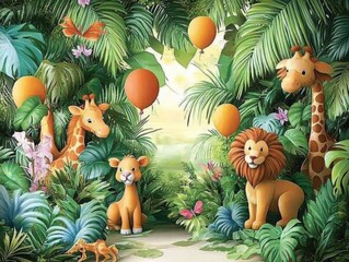 Bright and colorful exotic jungle background for kids. Magical fantasy forest with fabulous animals- palm trees. Wallpaper for kids room or photography backdrop. © BHZshop