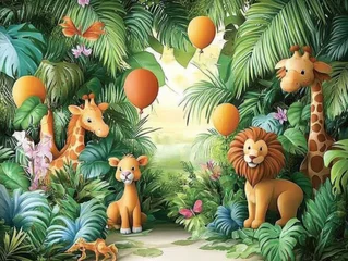 Bright and colorful exotic jungle background for kids. Magical fantasy forest with fabulous animals- palm trees. Wallpaper for kids room or photography backdrop.