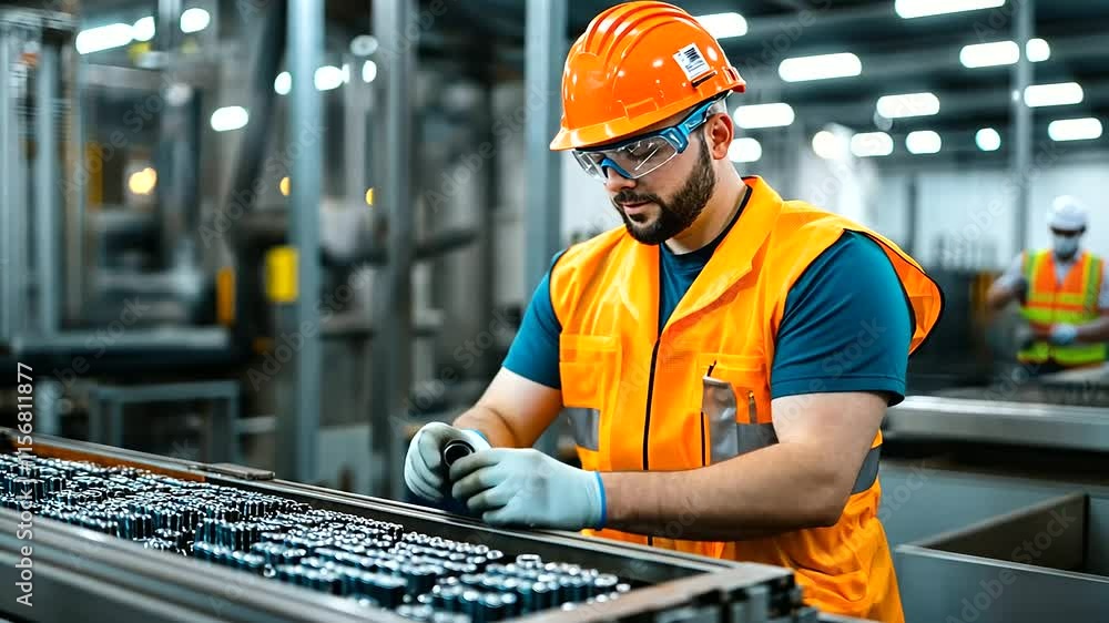 Poster a worker placing batteries into a machine for processing in a recycling plant, with focus on safe an