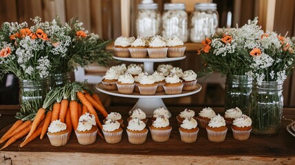 Rustic dessert table with carrot cake cupcakes, whole carrots, and mason jars filled with wildflowers