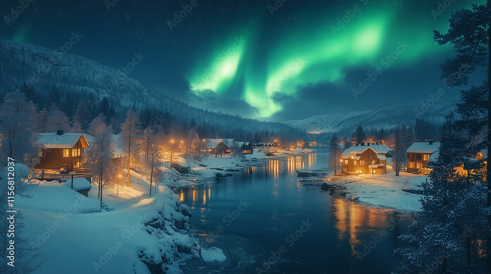 Wall mural aurora borealis on northern europe. green and blue northern lights above mountains and lake night la