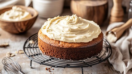 Rustic kitchen counter scene with a carrot cake cooling on a wire rack, with frosting in a wooden bowl and a whisk nearby
