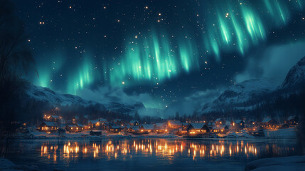 Obraz premium Aurora borealis on Northern Europe. Green and blue northern lights above mountains and lake night landscape