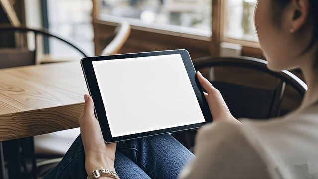 Mockup image of a woman holding a digital tablet with a blank white desktop screen in a cafe