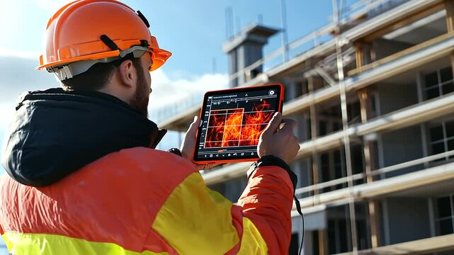 A worker standing on a partially built structure, using a thermal imaging tablet to inspect insulation performance, with vivid heat maps on the screen