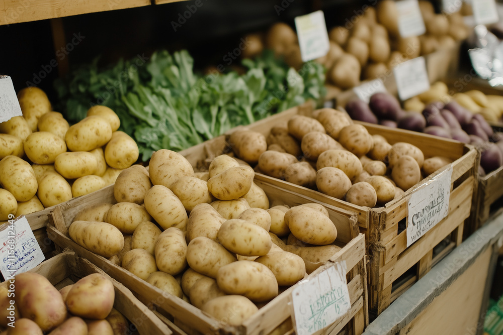 Poster variety of potatoes are displayed in wooden crates at a market. the crates are filled with different